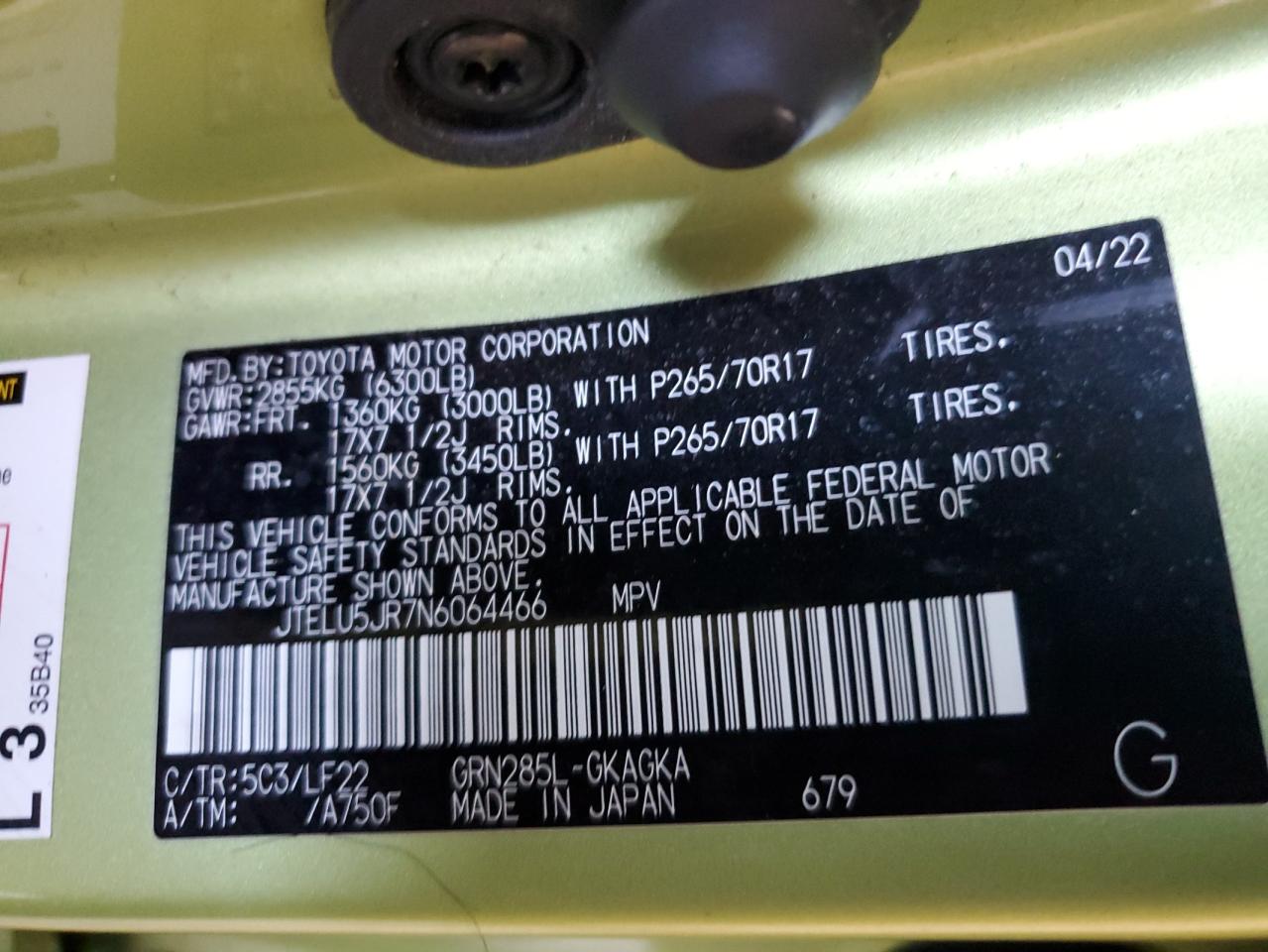 2022 Toyota 4Runner Sr5 Premium VIN: JTELU5JR7N6064466 Lot: 84228475