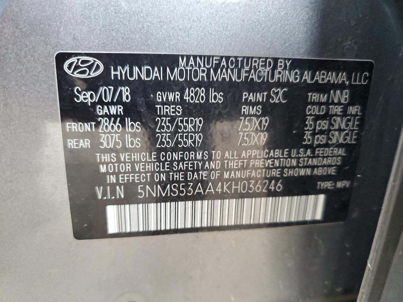 2019 Hyundai Santa Fe Limited VIN: 5NMS53AA4KH036246 Lot: 71601955