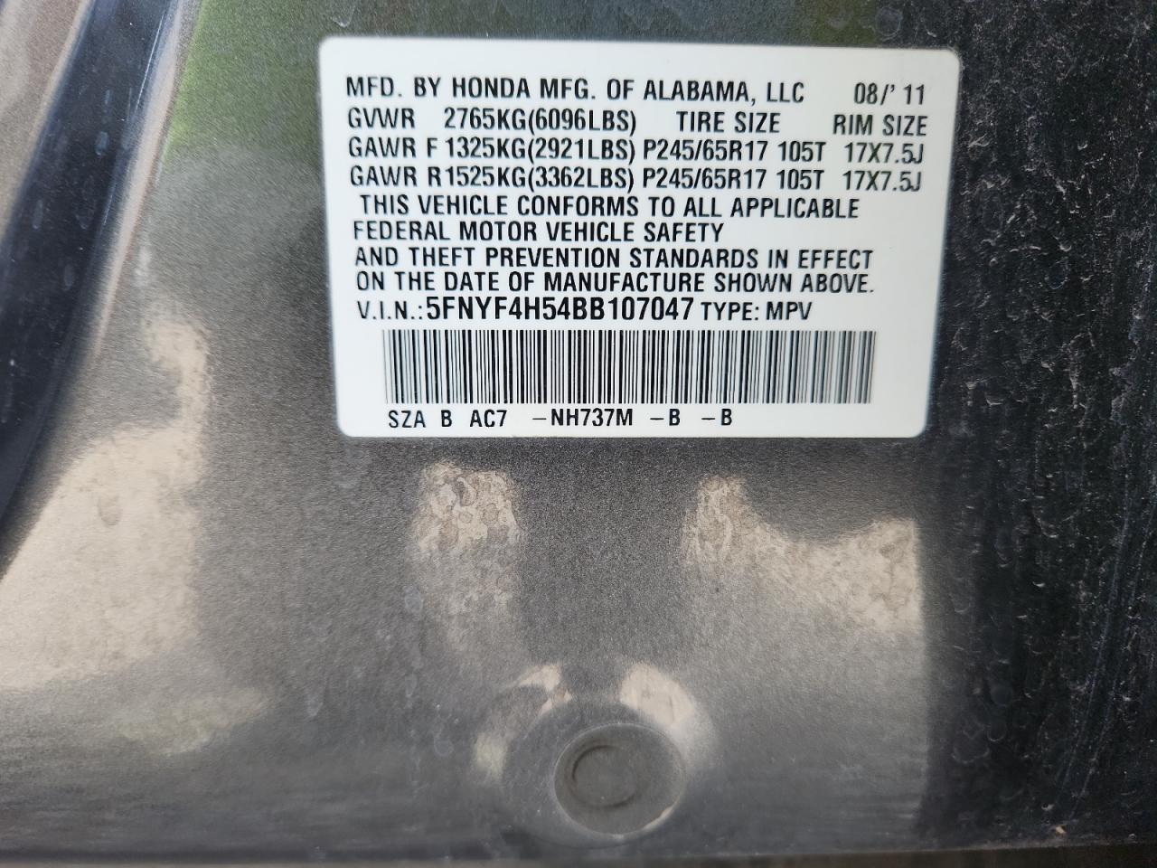 2011 Honda Pilot Exl VIN: 5FNYF4H54BB107047 Lot: 80798185