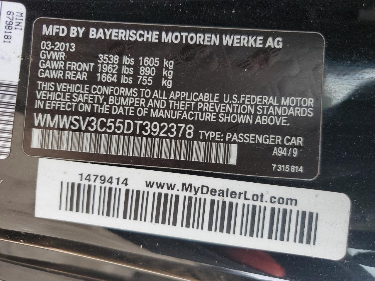 2013 Mini Cooper S VIN: WMWSV3C55DT392378 Lot: 80446575