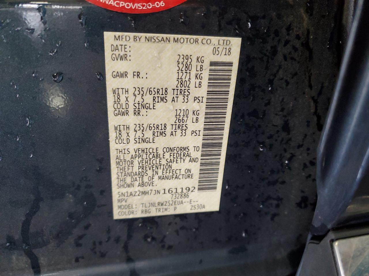 2018 Nissan Murano S VIN: 5N1AZ2MH7JN161192 Lot: 81662645