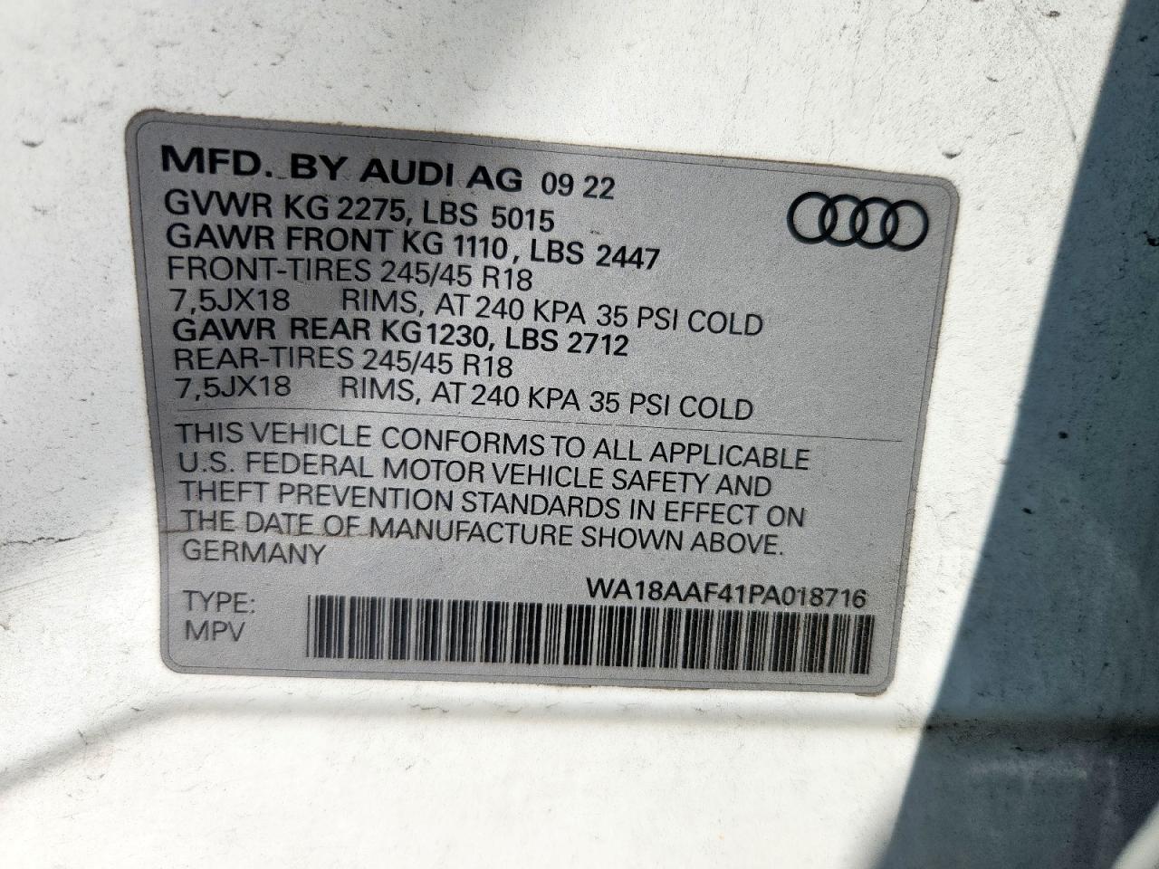 2023 Audi A4 Allroad Premium Plus VIN: WA18AAF41PA018716 Lot: 80899665