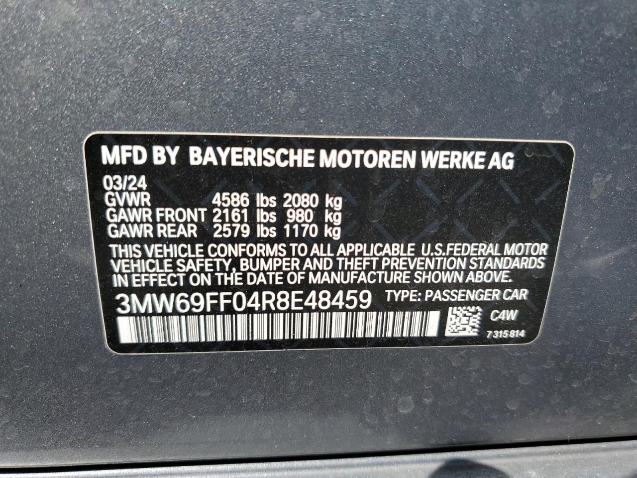 2024 BMW 330I VIN: 3MW69FF04R8E48459 Lot: 80136125