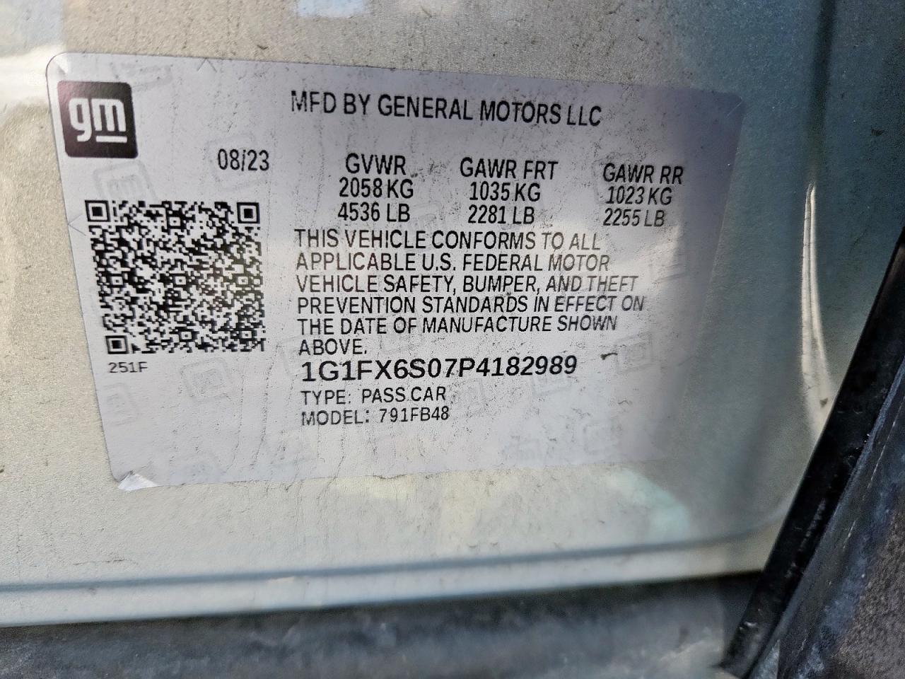 2023 Chevrolet Bolt Ev 2Lt VIN: 1G1FX6S07P4182989 Lot: 84011405