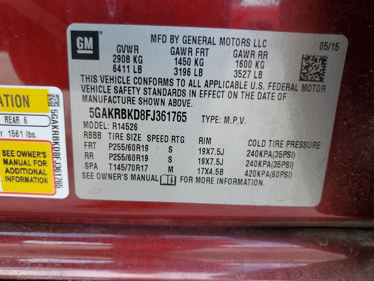 2015 Buick Enclave VIN: 5GAKRBKD8FJ361765 Lot: 70929915