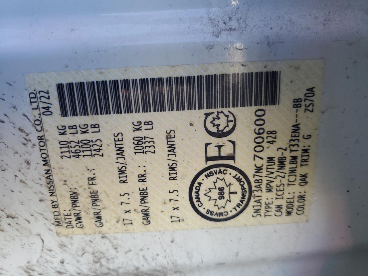 2022 Nissan Rogue S VIN: 5N1AT3AB7NC700600 Lot: 80876705