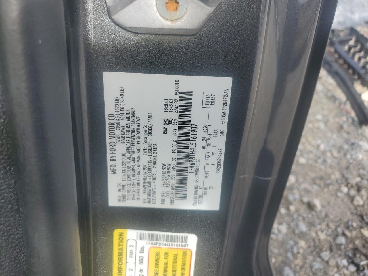 2020 Ford Mustang VIN: 1FA6P8TH4L5161907 Lot: 80991295