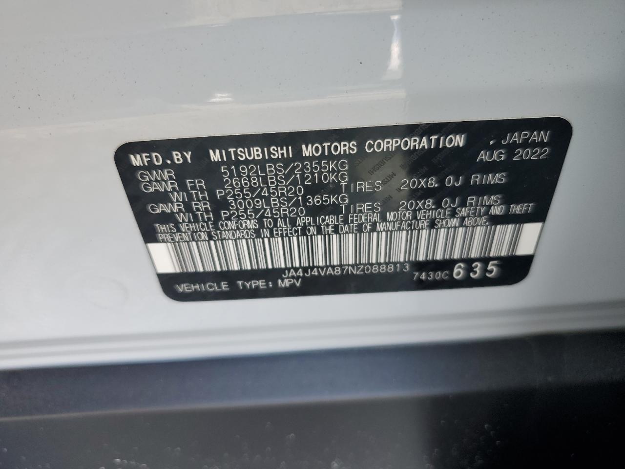 2022 Mitsubishi Outlander Sel VIN: JA4J4VA87NZ088813 Lot: 70878455