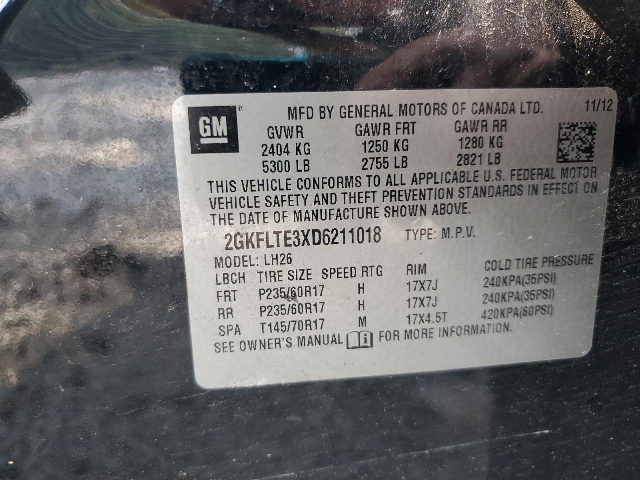 2013 GMC Terrain Sle VIN: 2GKFLTE3XD6211018 Lot: 80962105