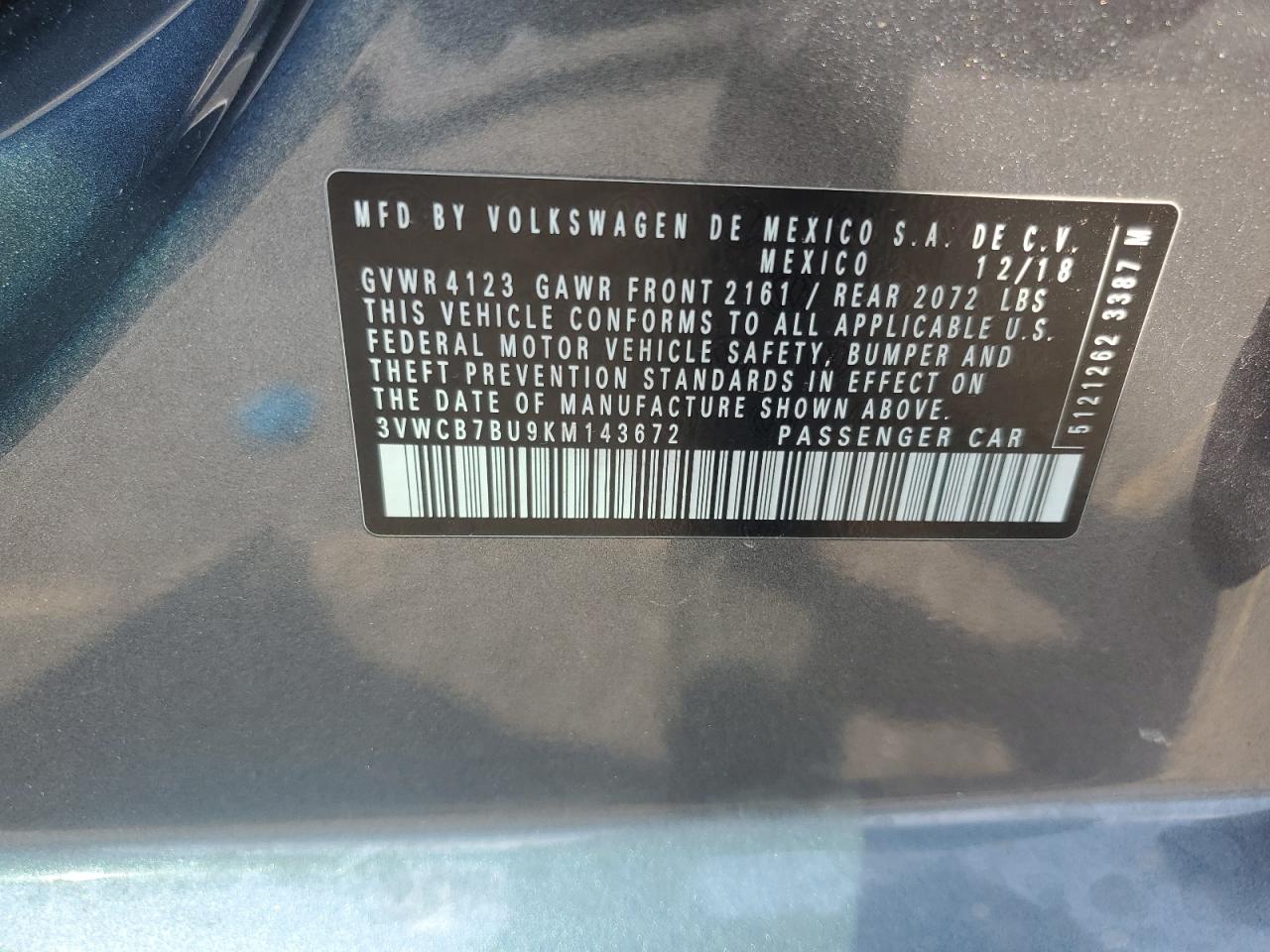 2019 Volkswagen Jetta S VIN: 3VWCB7BU9KM143672 Lot: 81373975