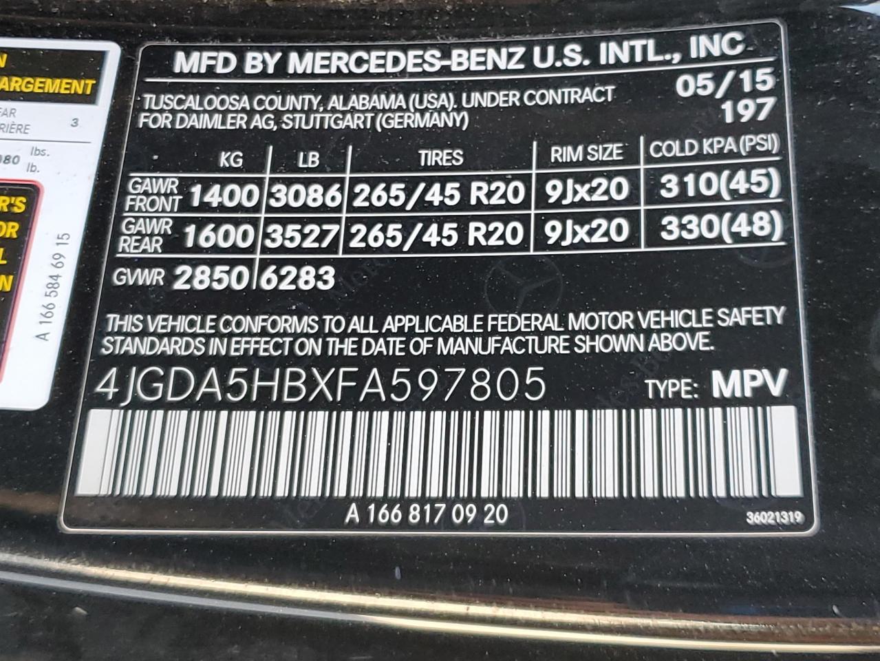 2015 Mercedes-Benz Ml 350 4Matic VIN: 4JGDA5HBXFA597805 Lot: 72019545