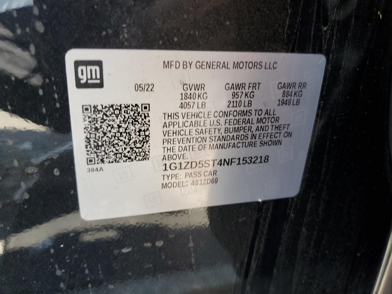 2022 Chevrolet Malibu Lt VIN: 1G1ZD5ST4NF153218 Lot: 81681455