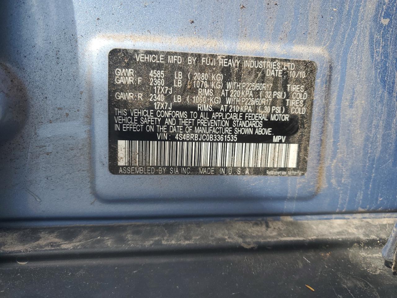 2011 Subaru Outback 2.5I Limited VIN: 4S4BRBJC0B3361535 Lot: 84030745