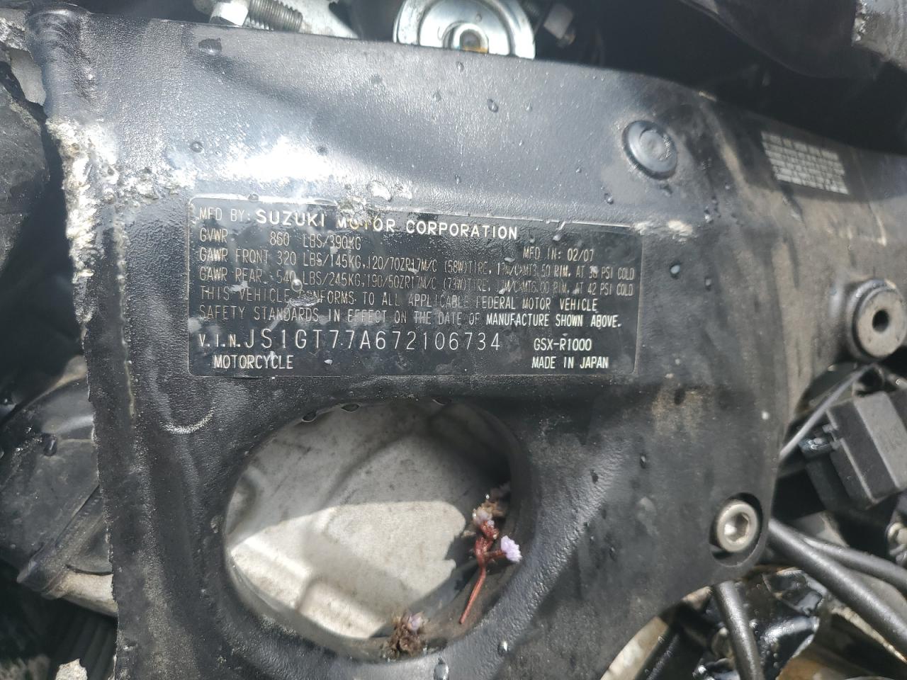 2007 Suzuki Gsx-R1000 VIN: JS1GT77A672106734 Lot: 81059465