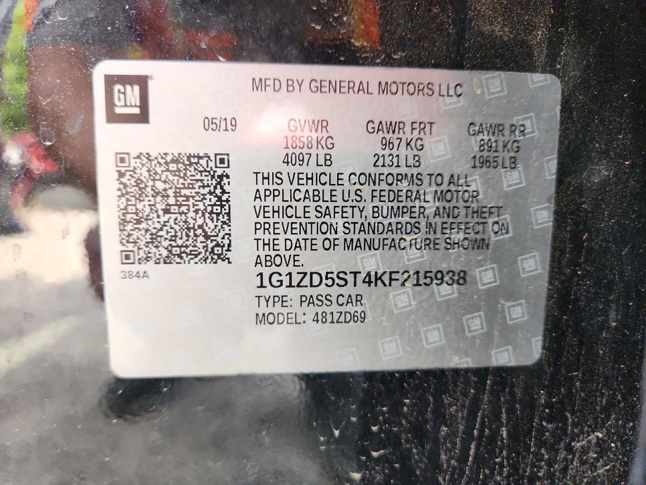 2019 Chevrolet Malibu Lt VIN: 1G1ZD5ST4KF215938 Lot: 84571895