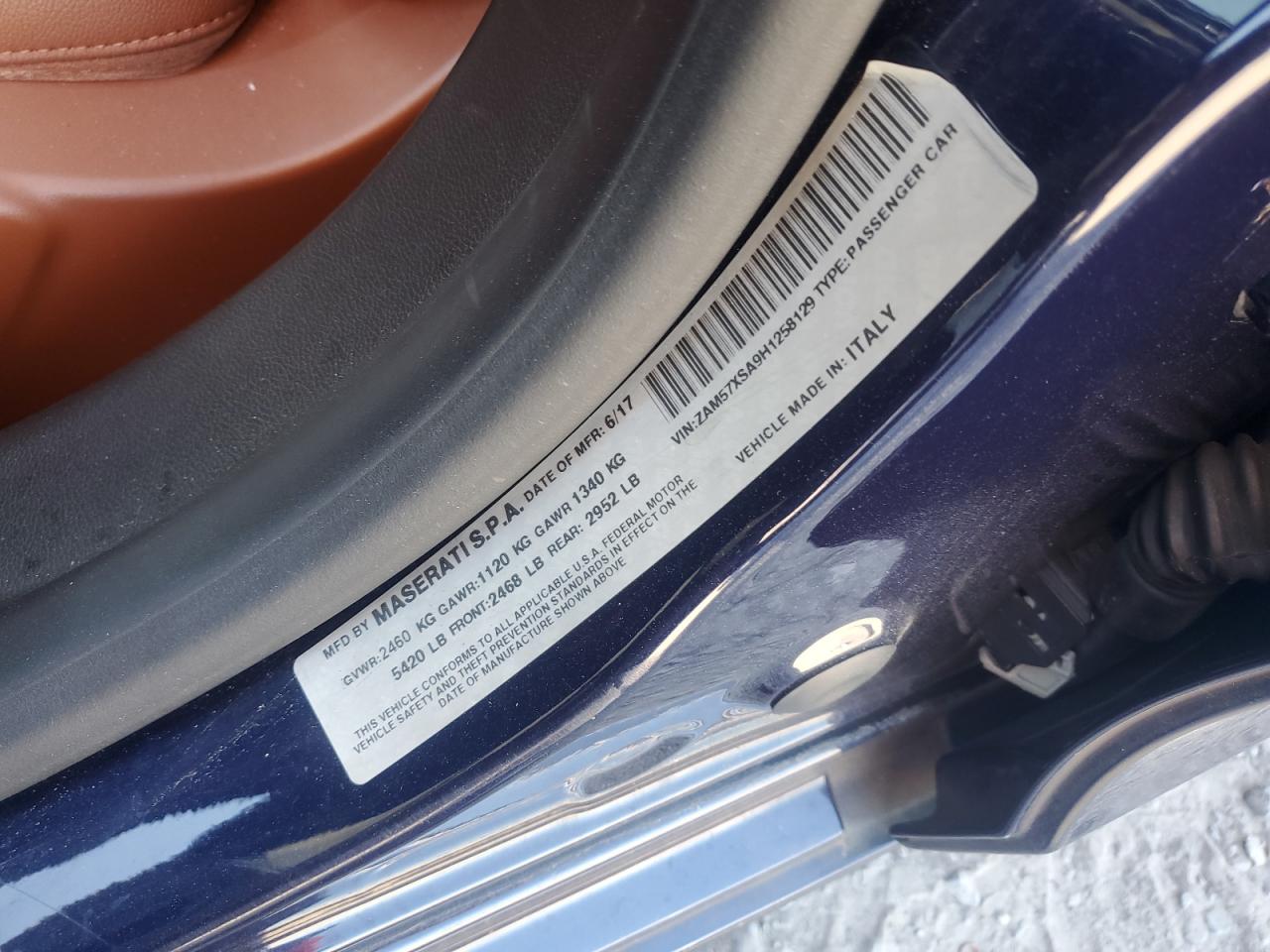 2017 Maserati Ghibli VIN: ZAM57XSA9H1258129 Lot: 69593075