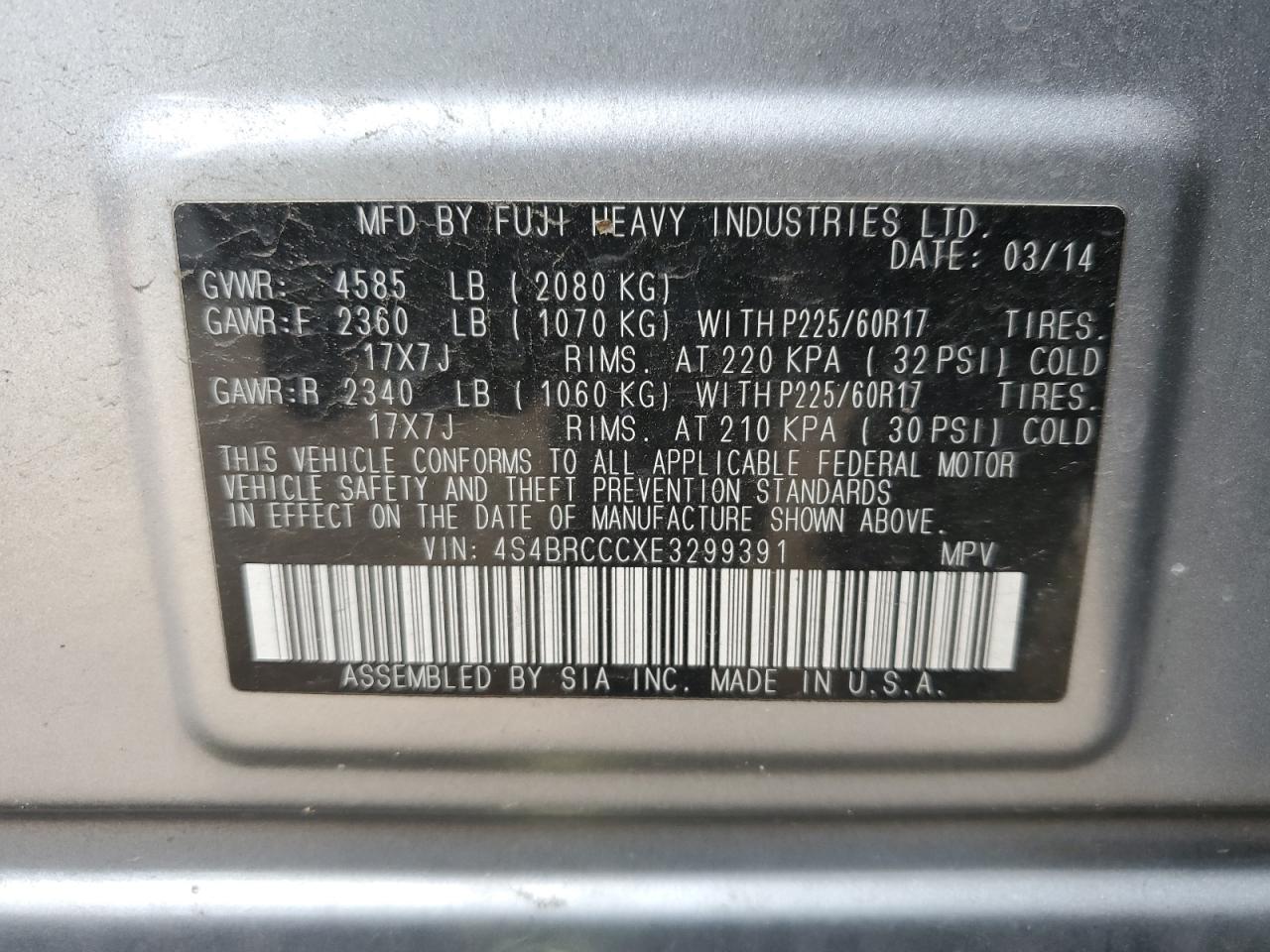 2014 Subaru Outback 2.5I Premium VIN: 4S4BRCCCXE3299391 Lot: 71964335
