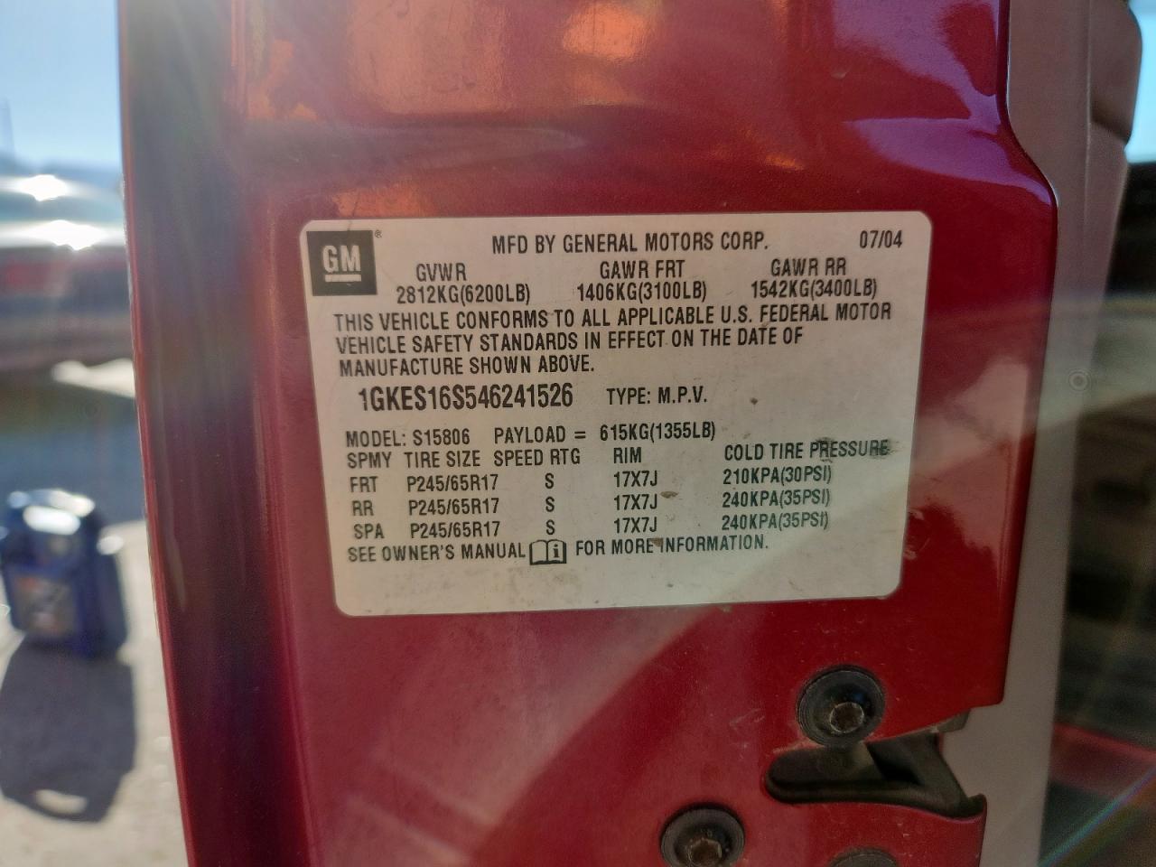 2004 GMC Envoy Xl VIN: 1GKES16S546241526 Lot: 83814175