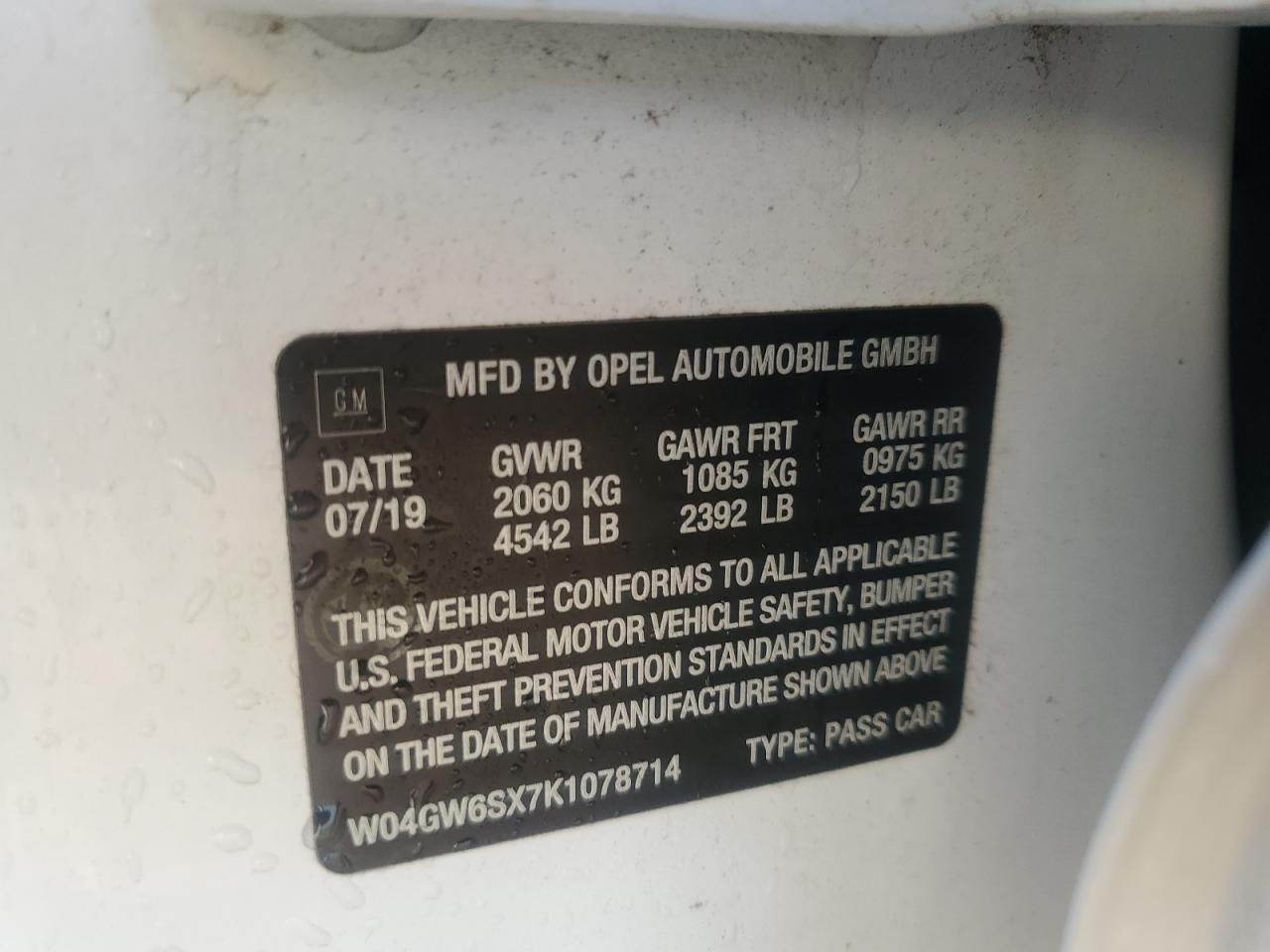 2019 Buick Regal Avenir VIN: W04GW6SX7K1078714 Lot: 84375295