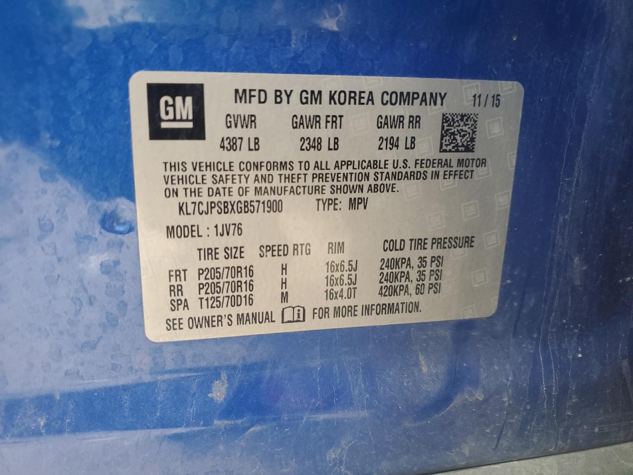 2016 Chevrolet Trax 1Lt VIN: KL7CJPSBXGB571900 Lot: 84643155