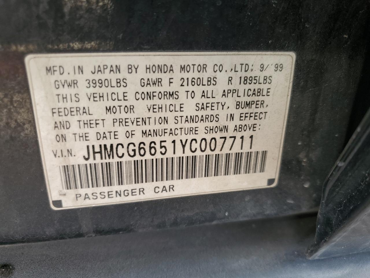 2000 Honda Accord Lx VIN: JHMCG6651YC007711 Lot: 80759685