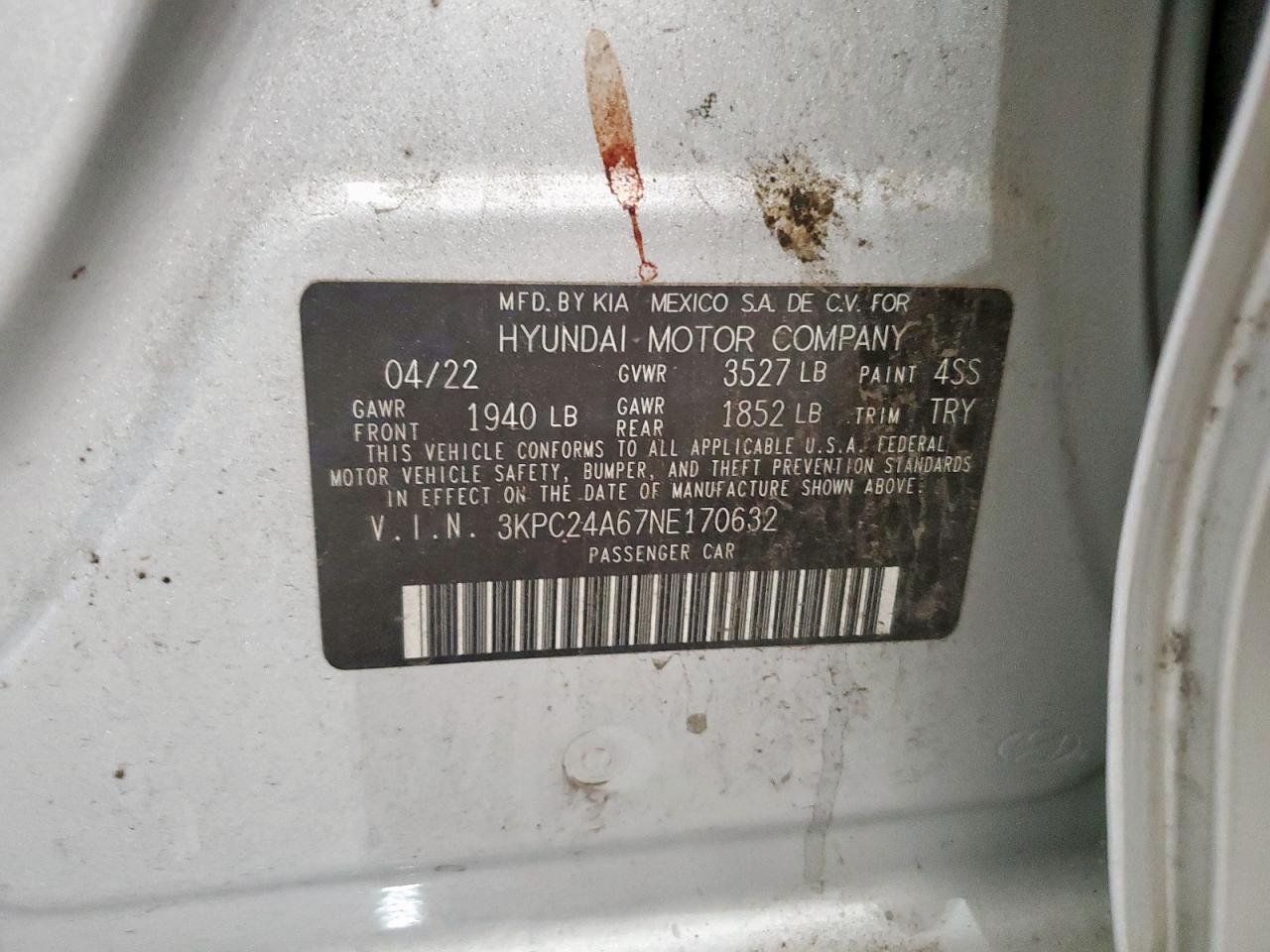 2022 Hyundai Accent Se VIN: 3KPC24A67NE170632 Lot: 81105485