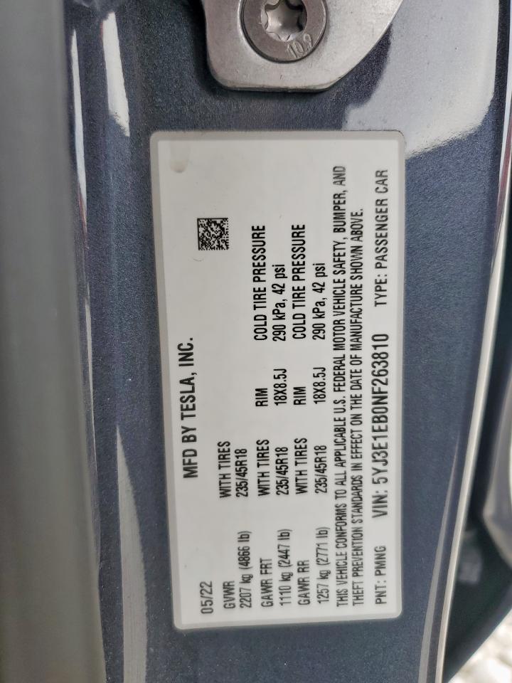 2022 Tesla Model 3 VIN: 5YJ3E1EB0NF263810 Lot: 84364025