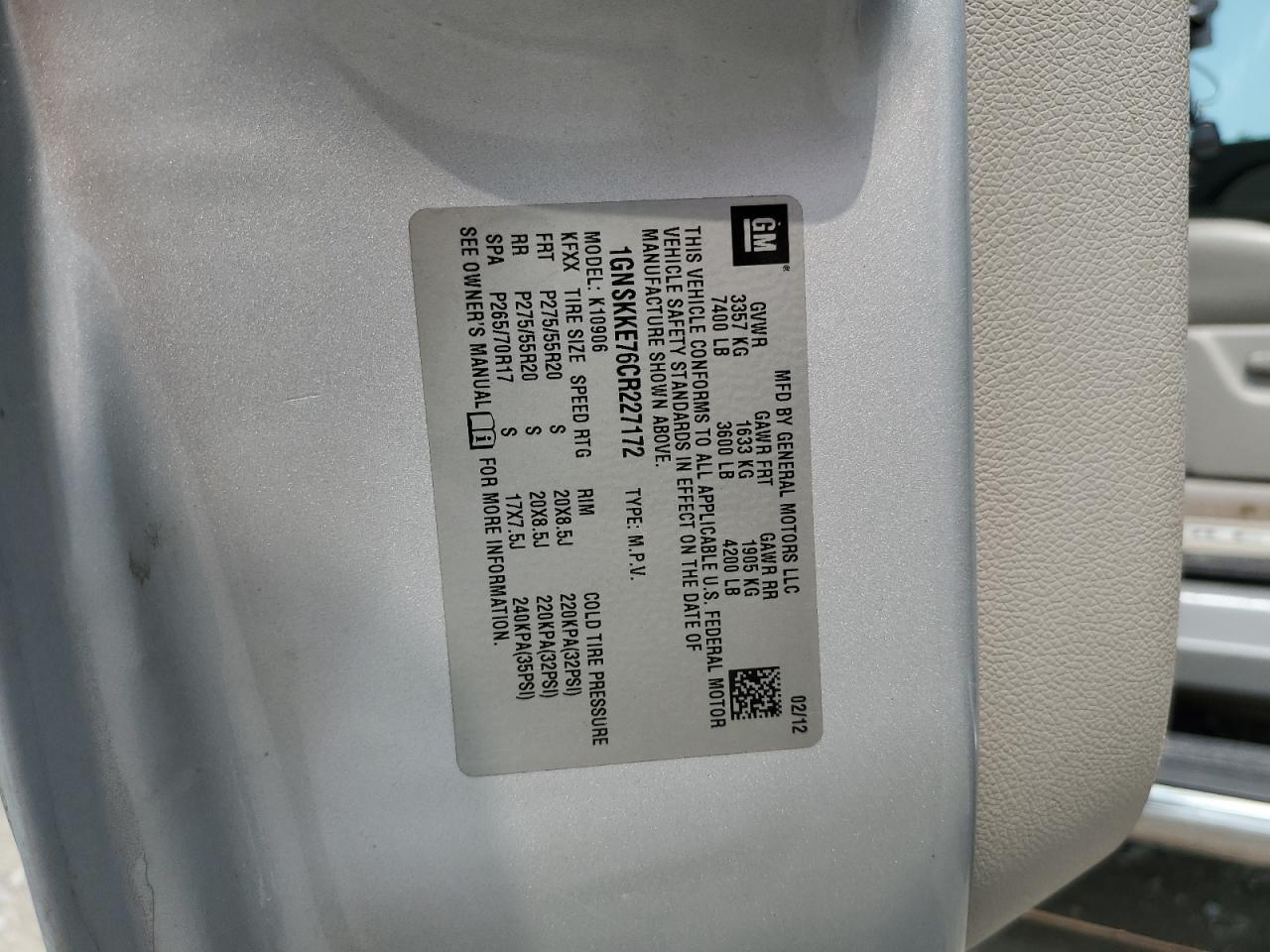 2012 Chevrolet Suburban K1500 Ltz VIN: 1GNSKKE76CR227172 Lot: 71368945