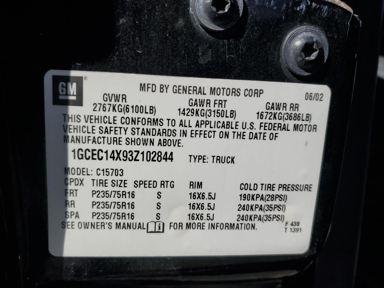 2003 Chevrolet Silverado C1500 VIN: 1GCEC14X93Z102844 Lot: 80735125