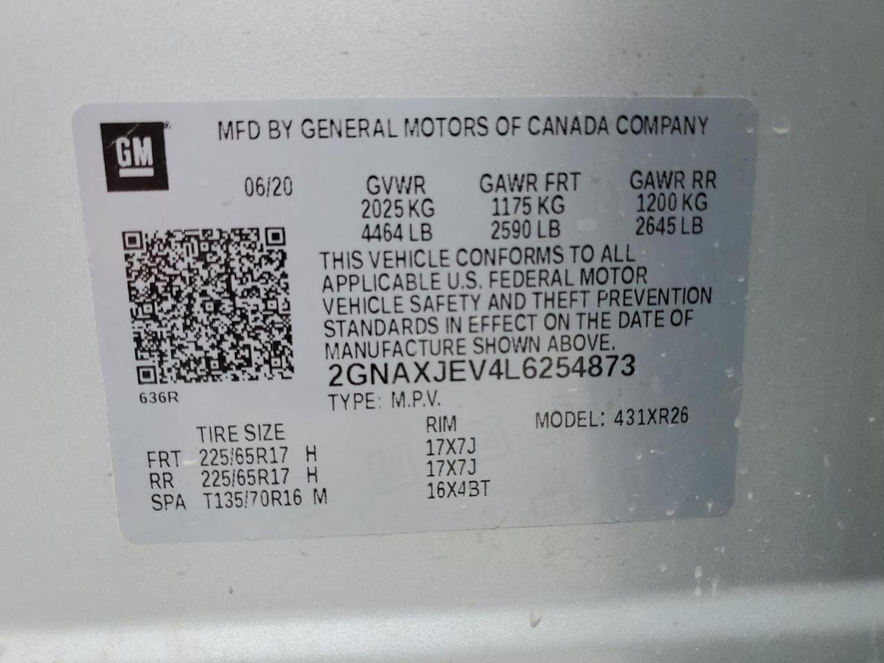 2020 Chevrolet Equinox Lt VIN: 2GNAXJEV4L6254873 Lot: 81427945