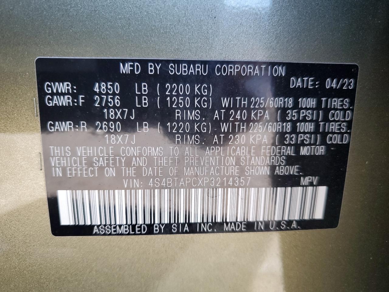 2023 Subaru Outback Touring VIN: 4S4BTAPCXP3214357 Lot: 71815735