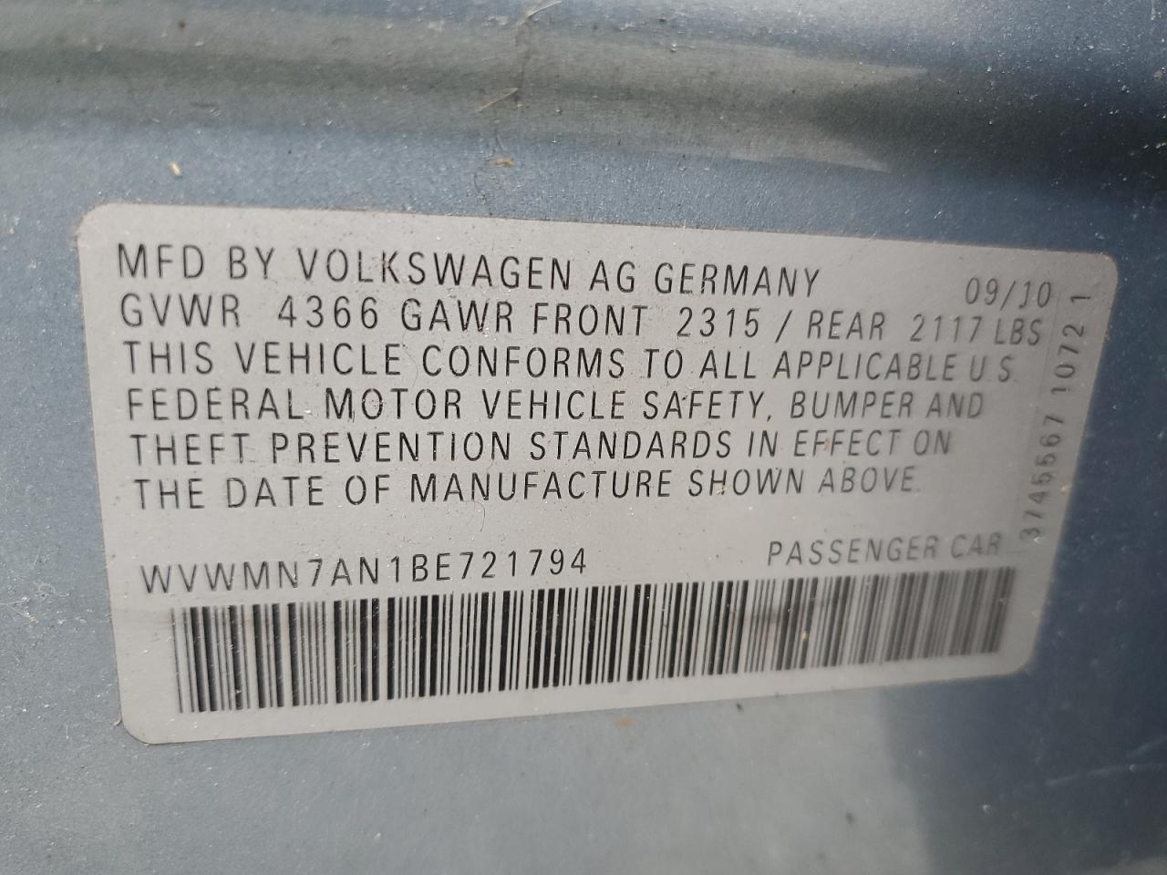 2011 Volkswagen Cc Sport VIN: WVWMN7AN1BE721794 Lot: 80431475