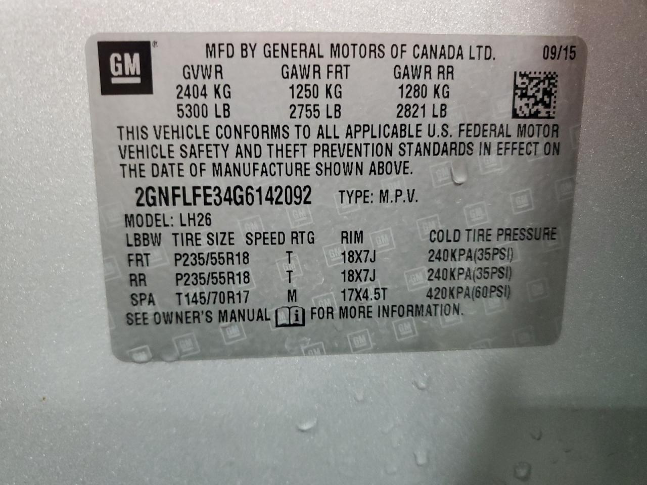 2016 Chevrolet Equinox Lt VIN: 2GNFLFE34G6142092 Lot: 81902325