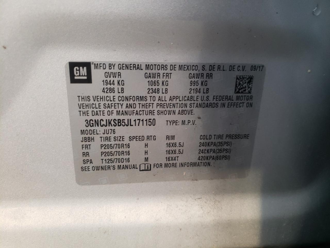 2018 Chevrolet Trax Ls VIN: 3GNCJKSB5JL171150 Lot: 80494355