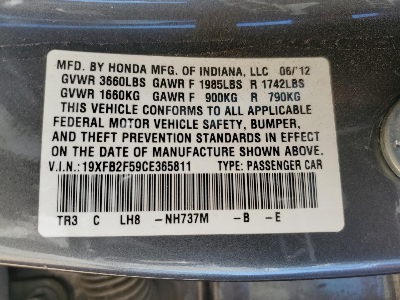 2012 Honda Civic Lx VIN: 19XFB2F59CE365811 Lot: 81154095