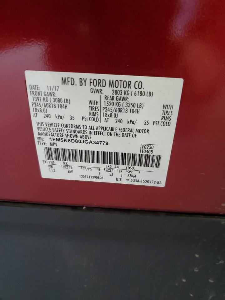 2018 Ford Explorer Xlt VIN: 1FM5K8D80JGA34779 Lot: 80095835