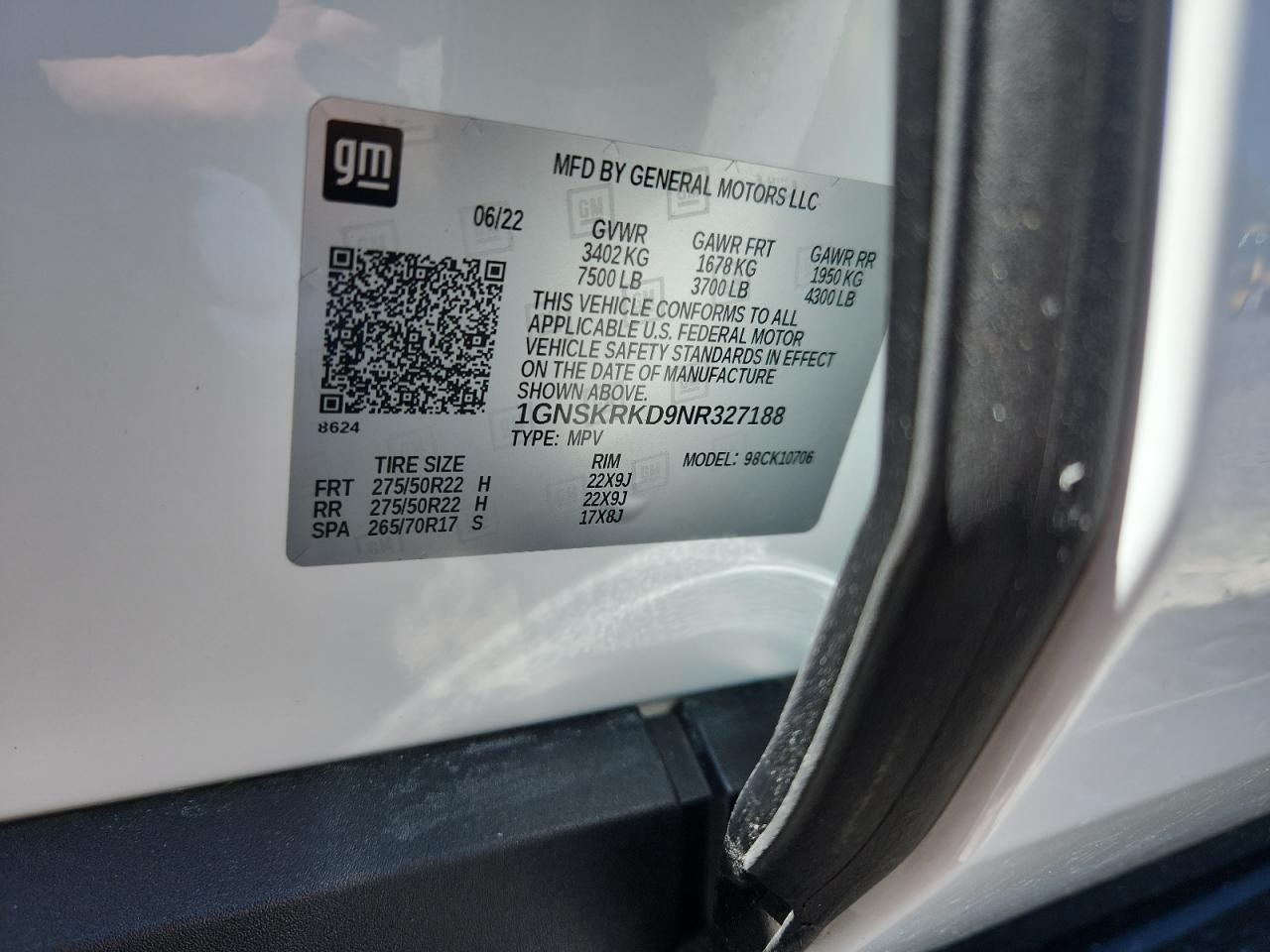 2022 Chevrolet Tahoe K1500 Rst VIN: 1GNSKRKD9NR327188 Lot: 72045665