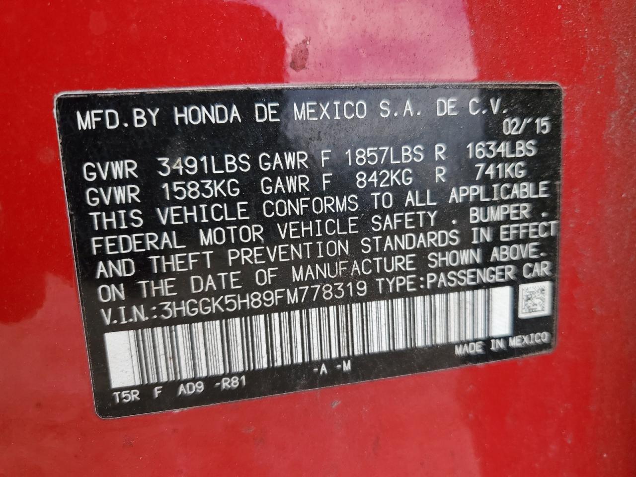 2015 Honda Fit Ex VIN: 3HGGK5H89FM778319 Lot: 71788665