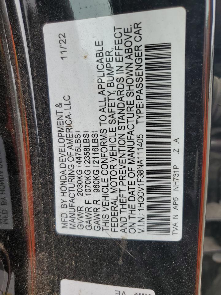 2022 Honda Accord Sport VIN: 1HGCV1F38NA111405 Lot: 71727195