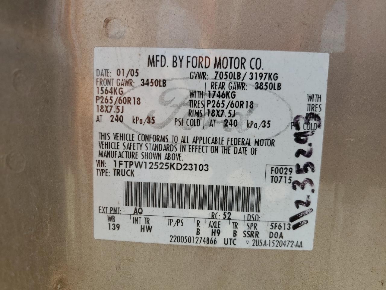 2005 Ford F150 Supercrew VIN: 1FTPW12525KD23103 Lot: 81775015