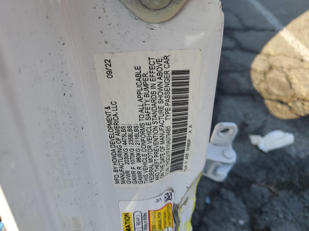 2022 Honda Accord Sport Se VIN: 1HGCV1F41NA079485 Lot: 83829615