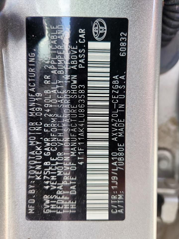 2020 Toyota Camry Xle VIN: 4T1F11AK4LU863583 Lot: 81704755