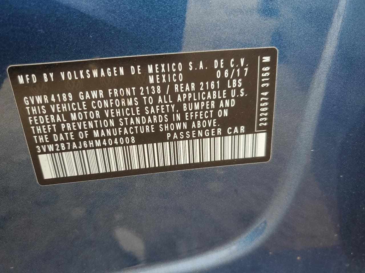 2017 Volkswagen Jetta S VIN: 3VW2B7AJ6HM404008 Lot: 83878495
