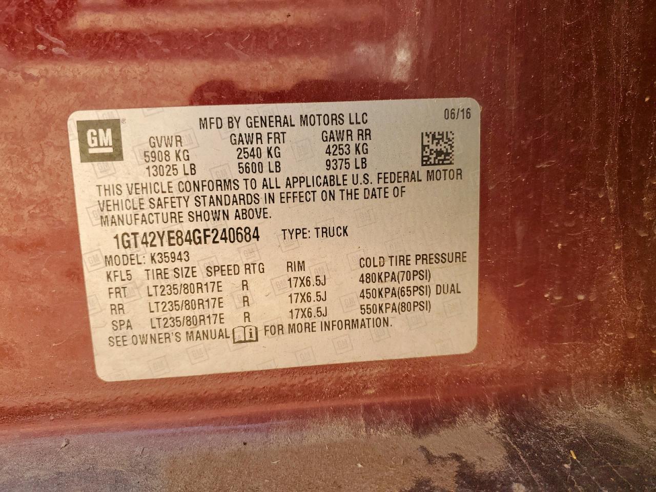 2016 GMC Sierra K3500 Denali VIN: 1GT42YE84GF240684 Lot: 81350825