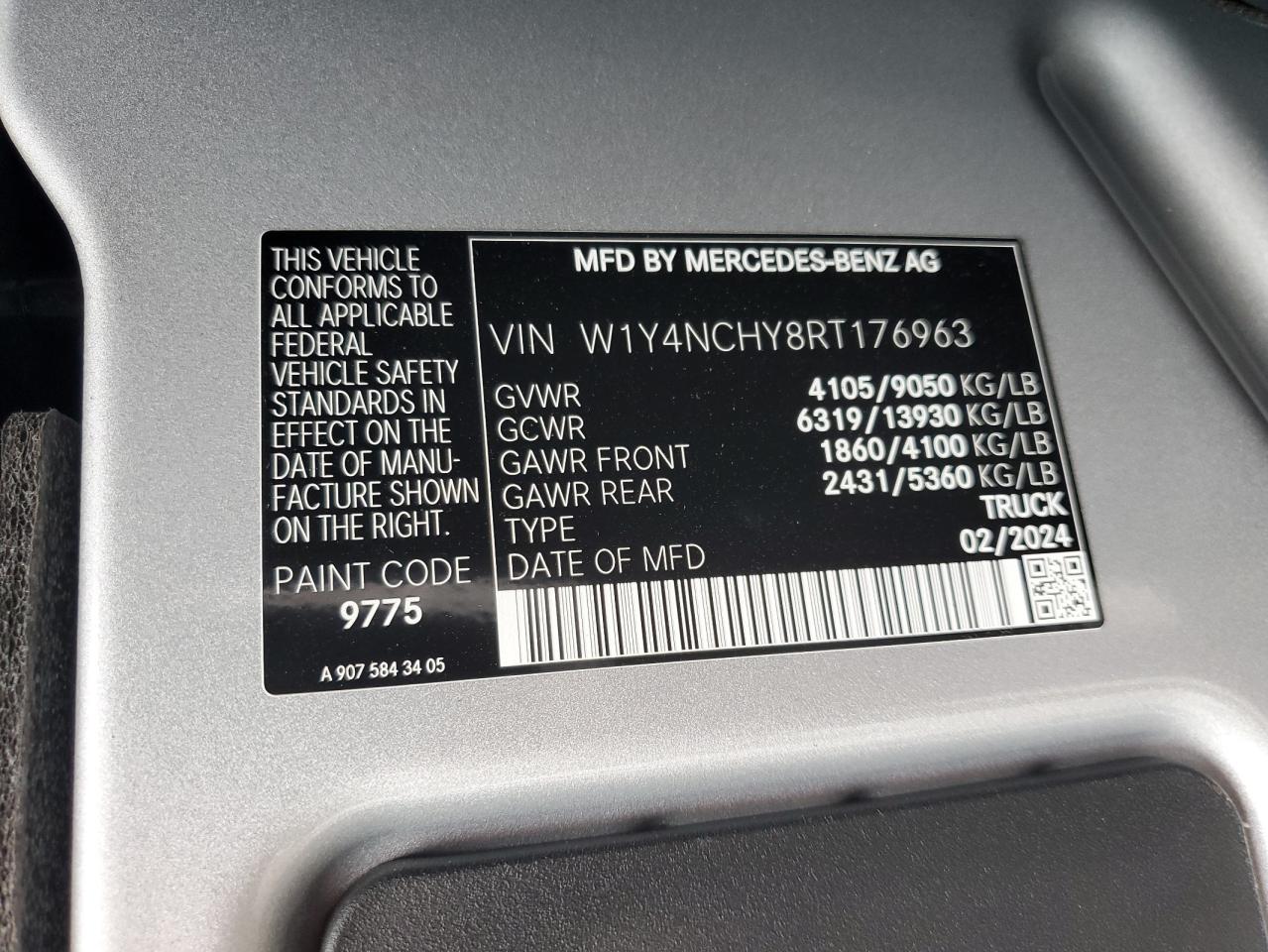 2024 Mercedes-Benz Sprinter 2500 VIN: W1Y4NCHY8RT176963 Lot: 81855465