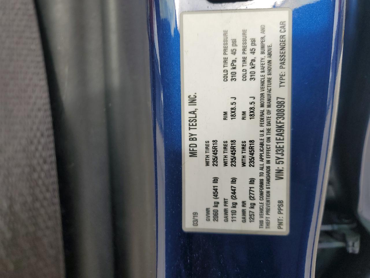 2019 Tesla Model 3 VIN: 5YJ3E1EA9KF308987 Lot: 80786715