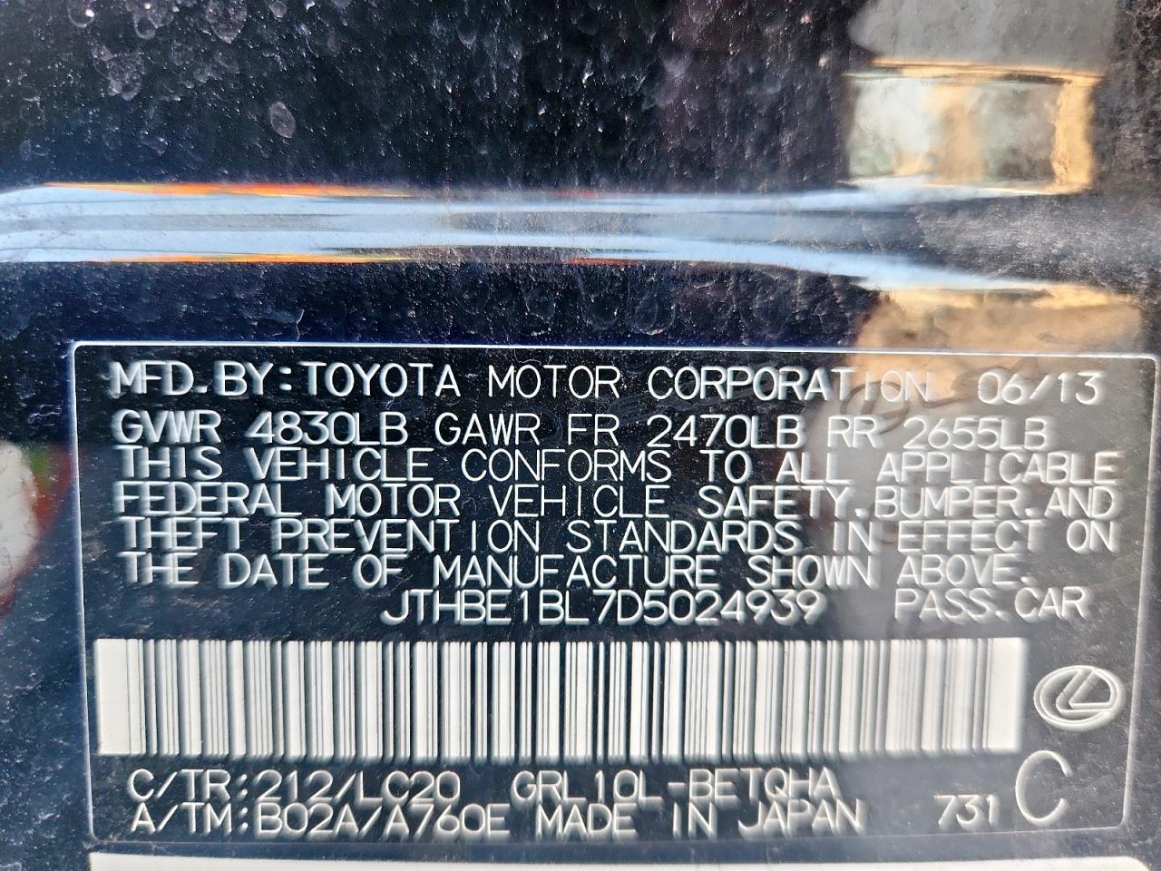 2013 Lexus Gs 350 VIN: JTHBE1BL7D5024939 Lot: 81200145