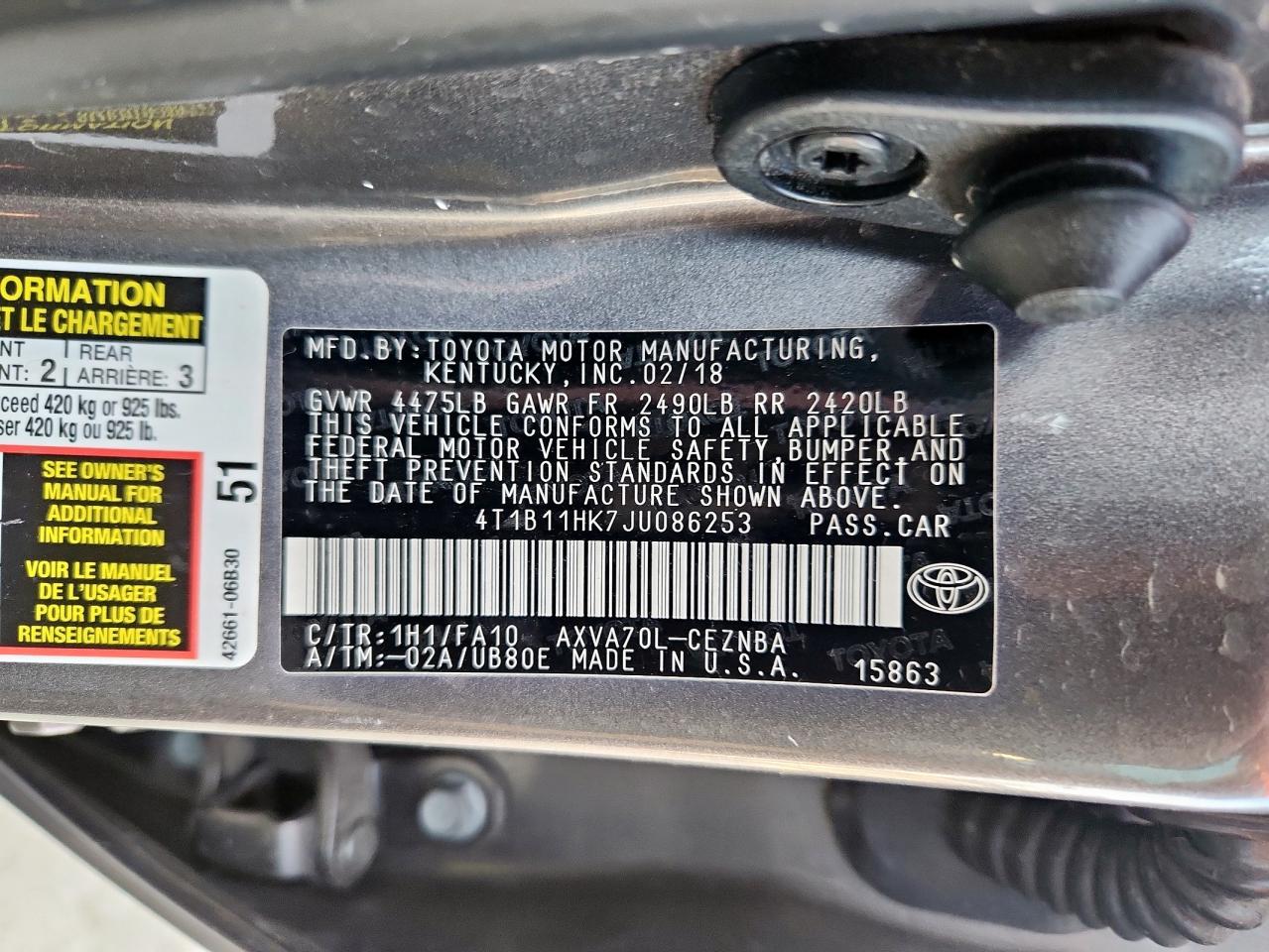 2018 Toyota Camry L VIN: 4T1B11HK7JU086253 Lot: 80956395