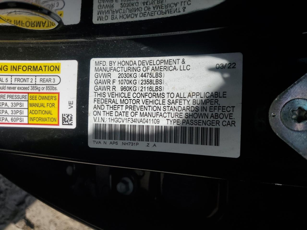 2022 Honda Accord Sport VIN: 1HGCV1F34NA041109 Lot: 71611435