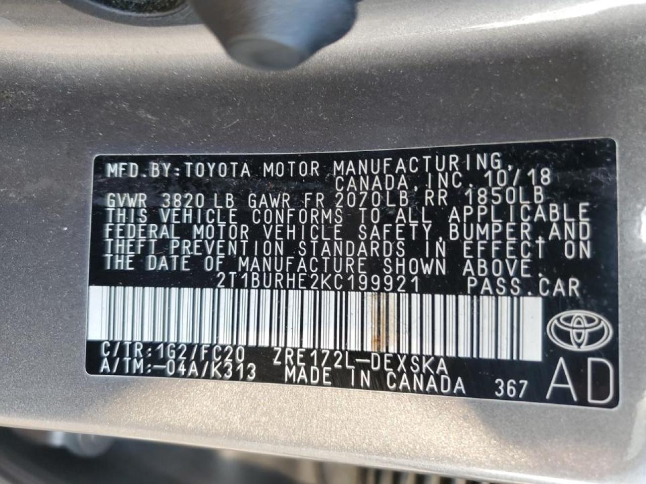 2019 Toyota Corolla L VIN: 2T1BURHE2KC199921 Lot: 81384865